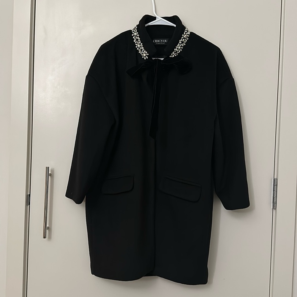 Black rhinestones short wool coat